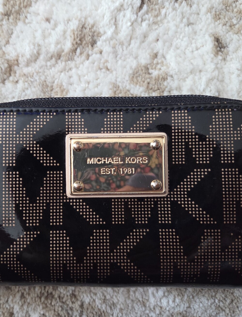 Michael Kors Black Patent Logo Wallet with Gold Plate